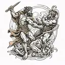 David and Goliath fighting on a cosmic battlefield with the creation of Adam by Michelangelo  tattoo design idea