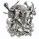 David and Goliath fighting on a cosmic battlefield with the creation of Adam by Michelangelo  tattoo design idea