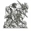 David and Goliath fighting on a cosmic battlefield with the creation of Adam by Michelangelo  tattoo design idea