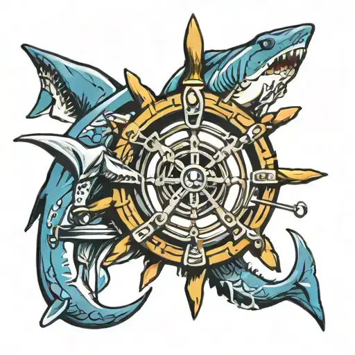 steering wheel shark anchor tattoo design idea