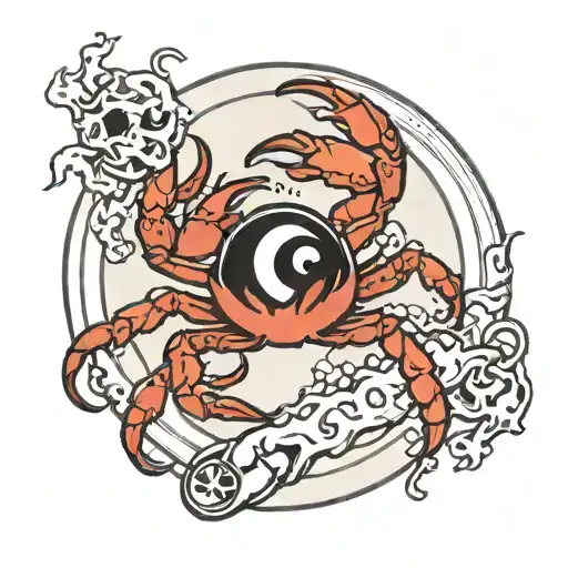 a broken full moon merged with a Yin Yang symbol, a crab fighting two snakes with exposed bones,  waves below.  tattoo design idea