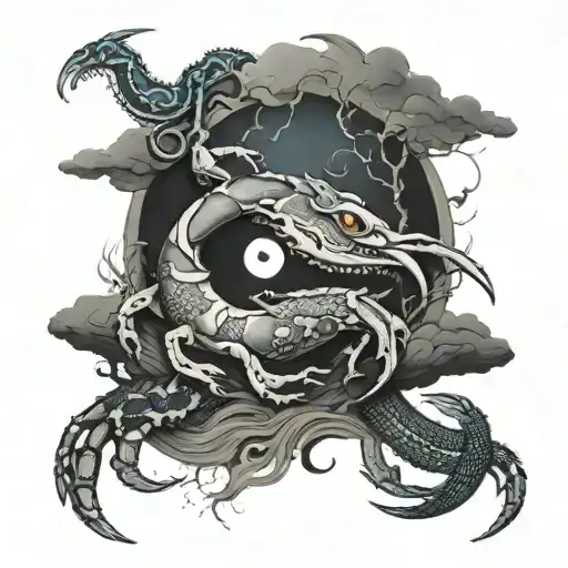 a broken full moon merged with a Yin Yang symbol, a crab fighting two snakes with exposed bones,  waves below.  tattoo design idea