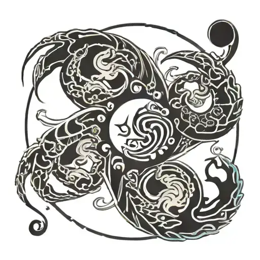 a broken full moon merged with a Yin Yang symbol, a crab fighting two snakes with exposed bones,  waves below.  tattoo design idea