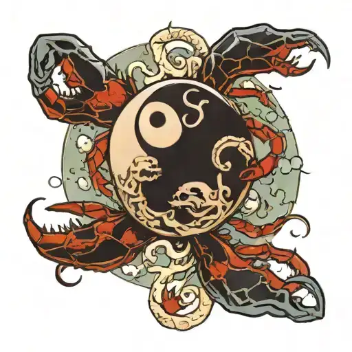 a broken full moon merged with a Yin Yang symbol, a crab fighting two snakes with exposed bones,  waves below.  tattoo design idea