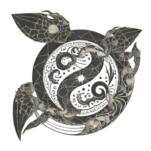 a broken full moon merged with a Yin Yang symbol, a crab fighting two snakes with exposed bones,  waves below.  tattoo design idea