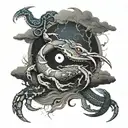 a broken full moon merged with a Yin Yang symbol, a crab fighting two snakes with exposed bones,  waves below.  tattoo design idea