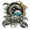 a broken full moon merged with a Yin Yang symbol, a crab fighting two snakes with exposed bones,  waves below.  tattoo design idea
