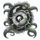 a broken full moon merged with a Yin Yang symbol, a crab fighting two snakes with exposed bones,  waves below.  tattoo design idea