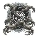 a broken full moon merged with a Yin Yang symbol, a crab fighting two snakes with exposed bones,  waves below.  tattoo design idea