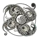 a broken full moon merged with a Yin Yang symbol, a crab fighting two snakes with exposed bones,  waves below.  tattoo design idea