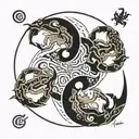 a broken full moon merged with a Yin Yang symbol, a crab fighting two snakes with exposed bones,  waves below.  tattoo design idea