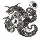 a broken full moon merged with a Yin Yang symbol, a crab fighting two snakes with exposed bones,  waves below.  tattoo design idea