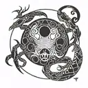 a broken full moon merged with a Yin Yang symbol, a crab fighting two snakes with exposed bones,  waves below.  tattoo design idea
