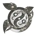a broken full moon merged with a Yin Yang symbol, a crab fighting two snakes with exposed bones,  waves below.  tattoo design idea