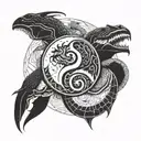 a broken full moon merged with a Yin Yang symbol, a crab fighting two snakes with exposed bones,  waves below.  tattoo design idea