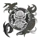 a broken full moon merged with a Yin Yang symbol, a crab fighting two snakes with exposed bones,  waves below.  tattoo design idea