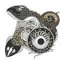 a broken full moon merged with a Yin Yang symbol, a crab fighting two snakes with exposed bones,  waves below.  tattoo design idea