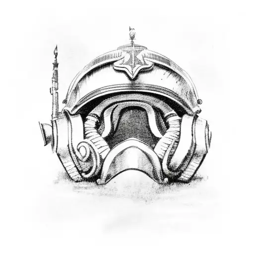 A black and white sketch of a military helmet adorned with ferns and surrounded by ocean waves tattoo design idea