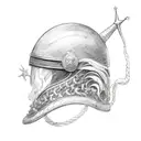 A black and white sketch of a military helmet adorned with ferns and surrounded by ocean waves tattoo design idea