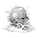 A black and white sketch of a military helmet adorned with ferns and surrounded by ocean waves tattoo design idea