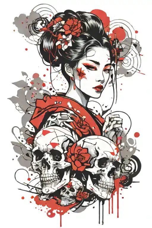 geisha and skull tattoo design idea