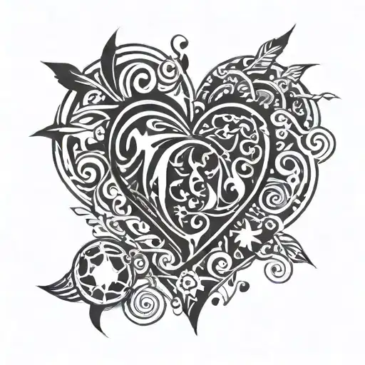 Heart shape, half tribal designs, the other half made of images:  Cross, Football, Campfire  tattoo design idea