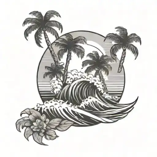 waves, sea, surfboard, palm trees, tattoo design idea