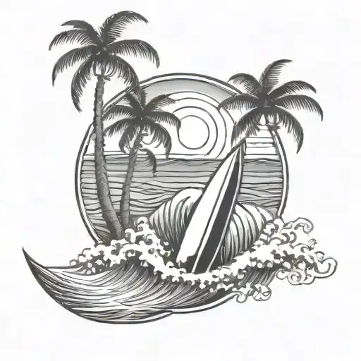 waves, sea, surfboard, palm trees, tattoo design idea