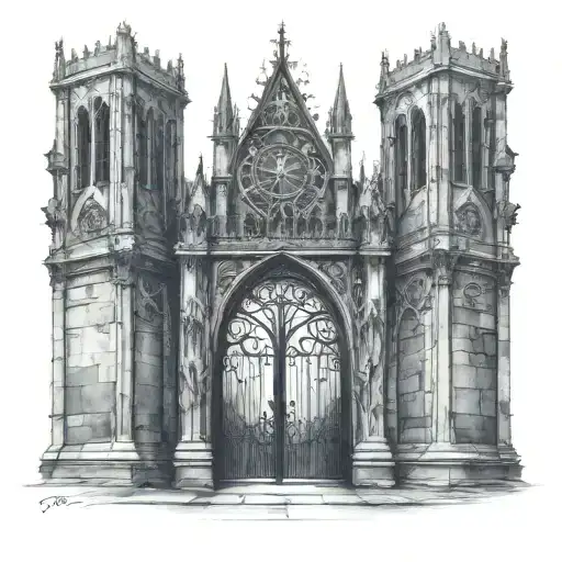 gothic cathedral castle gate with 2 cloaked hooded entities on both sides  tattoo design idea