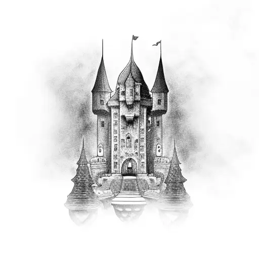 castle with hooded figures and background tattoo design idea