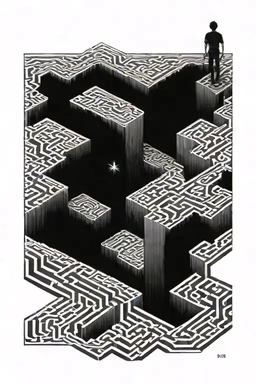 A surreal tattoo of a person trapped in a maze made of hardwood flooring, symbolizing the struggles of addiction and anxiety, with hidden stars shining through the cracks tattoo design idea