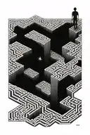 A surreal tattoo of a person trapped in a maze made of hardwood flooring, symbolizing the struggles of addiction and anxiety, with hidden stars shining through the cracks tattoo design idea