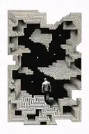 A surreal tattoo of a person trapped in a maze made of hardwood flooring, symbolizing the struggles of addiction and anxiety, with hidden stars shining through the cracks tattoo design idea