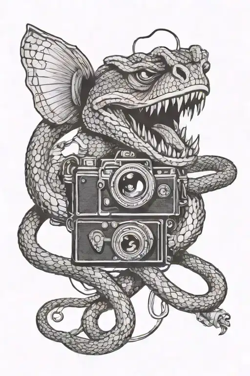an angry snake that eats a camera with spotlights tattoo design idea