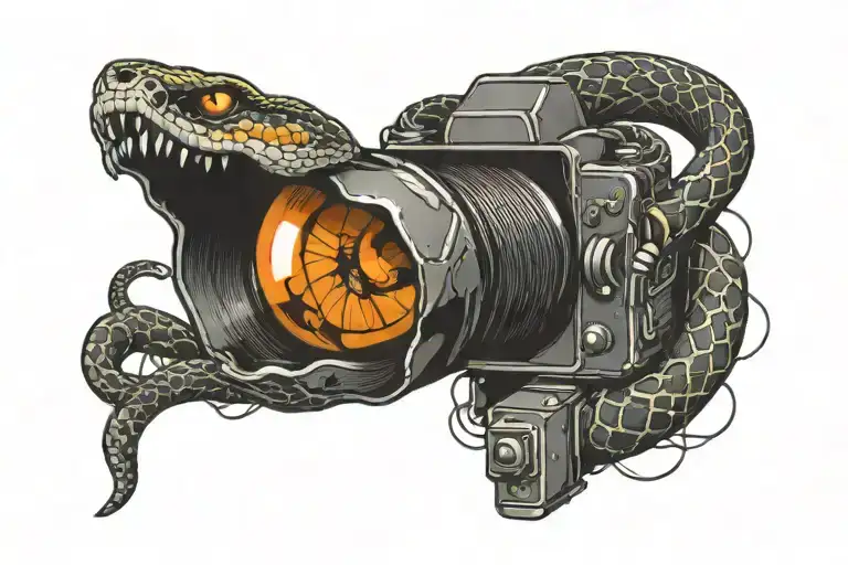 an angry snake that eats a camera with spotlights like par 64 with black and either light effect and camera frame tattoo design idea