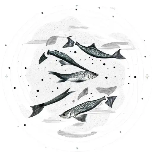 two fish swimming in the middle of a circle made of constellations, around this circle there are two arms, one male and  tattoo design idea