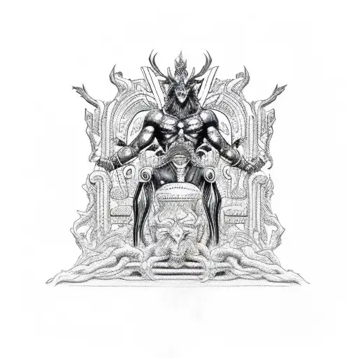 A dark and powerful blackwork tattoo featuring Hades, the ruler of the Underworld, seated on his imposing throne, gripping the formidable Kerberos tightly in his grasp. tattoo design idea
