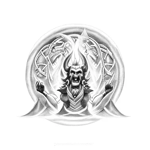 A dark and powerful blackwork tattoo featuring Hades, the ruler of the Underworld, seated on his imposing throne, gripping the formidable Kerberos tightly in his grasp. tattoo design idea