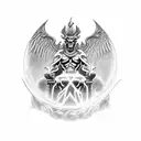 A dark and powerful blackwork tattoo featuring Hades, the ruler of the Underworld, seated on his imposing throne, gripping the formidable Kerberos tightly in his grasp. tattoo design idea