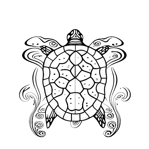 thin-lined sea turtle in a hawaiian design with an A and C in a wave in the shell tattoo design idea