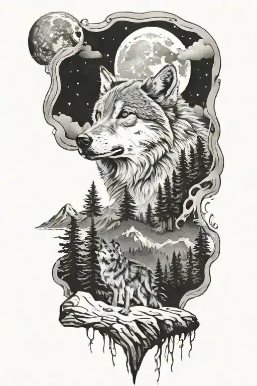 mountains forests and a wolf howling at the moon tattoo design idea