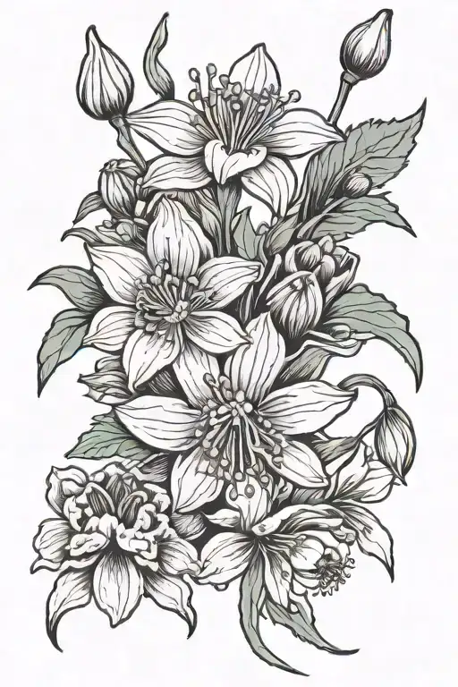thin long snowdrops violets and chrysanthemums flower tattoo design idea