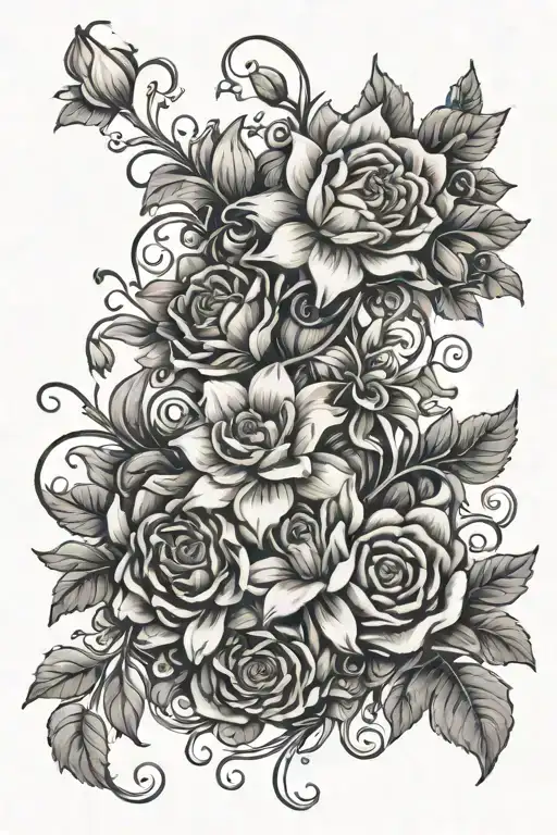 flower vine with snowdrops, violets, roses, and chrysanthemums tattoo design idea