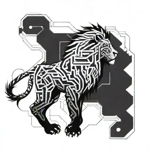 A futuristic lion with circuitry details, symbolizing strength and leadership in the digital age tattoo design idea