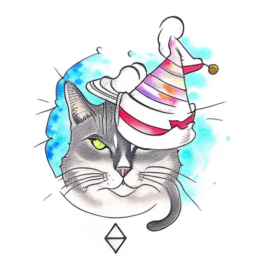 a small black cat wearing a wizard hat in watercolor tattoo design idea
