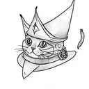 a small black cat wearing a wizard hat in watercolor tattoo design idea