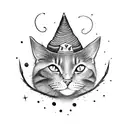 a small black cat wearing a wizard hat in watercolor tattoo design idea
