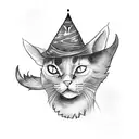 a small black cat wearing a wizard hat in watercolor tattoo design idea