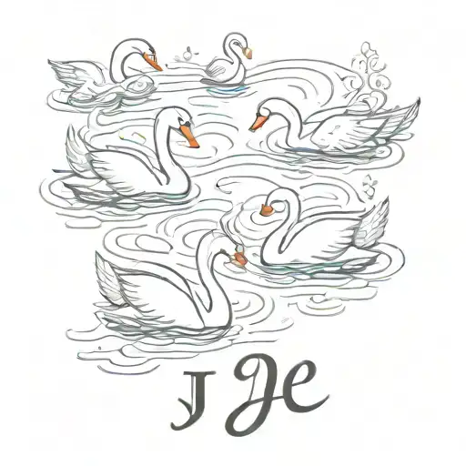 An intricate design of a family of swans swimming in a lake, with the letter 'J' subtly hidden in the background, representing your family and love for swimming tattoo design idea