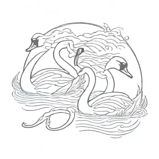 An intricate design of a family of swans swimming in a lake, with the letter 'J' subtly hidden in the background, representing your family and love for swimming tattoo design idea